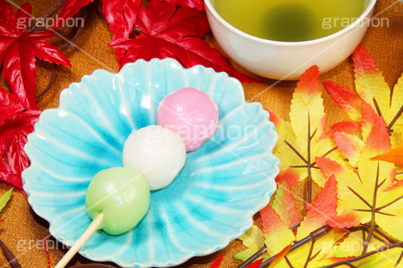 秋に三色団子,秋,三色団子,三色,串団子,だんご,団子,お菓子,菓子,和菓子,お茶請け,スイーツ,和,和風,お茶,緑茶,日本茶,串,くし,デザート,おやつ,甘味,紅葉,花より団子,落ち葉,茶会,autumn,sweet,dessert,japan