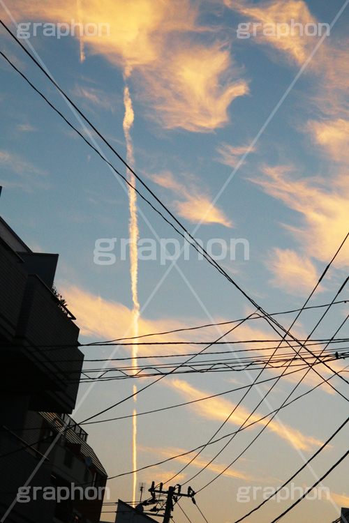 朝焼け-飛行機雲,朝焼け,あさやけ,朝,あさ,早朝,早起き,日の出,染,空,雲,飛行機雲,現象,空/天気,morning
