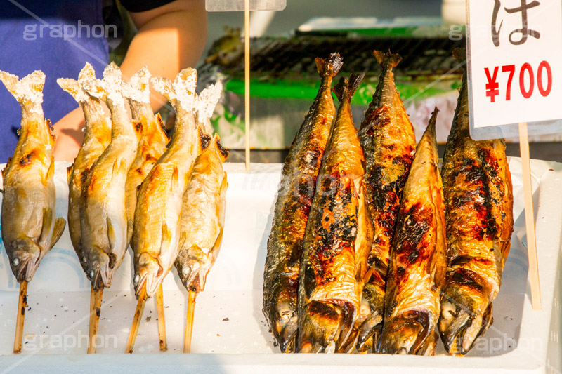 炉端焼き,魚,丸焼き,焼き,和食,日本食,魚介,シーフード,塩焼き,炭火,鯖の浜焼き,さば,鯖,サバ,祭り,露店,屋台,出店,夏祭り,串,夏,青魚,中性脂肪,コレステロール,DHA,seafood