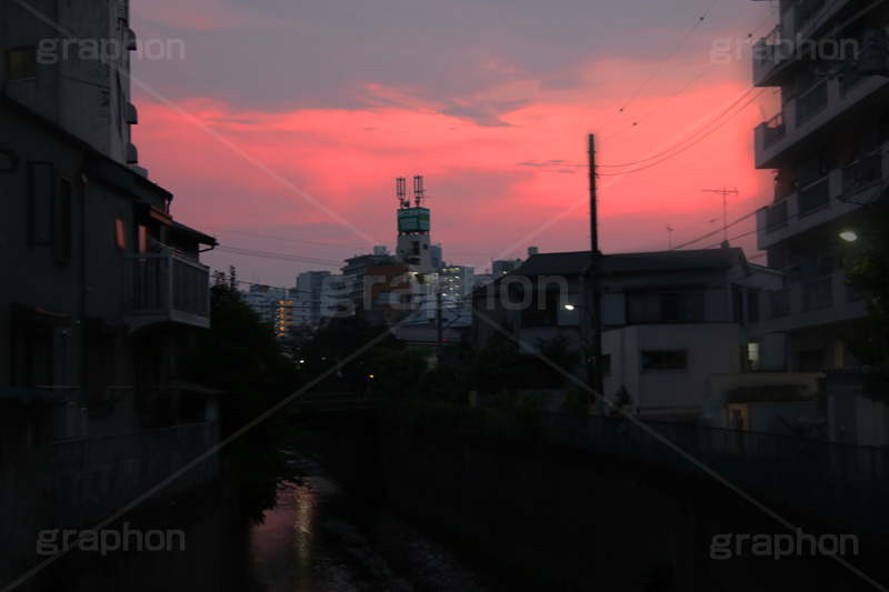 夕焼け,染,神田川,河,川,河川,柵,フェンス,川沿い