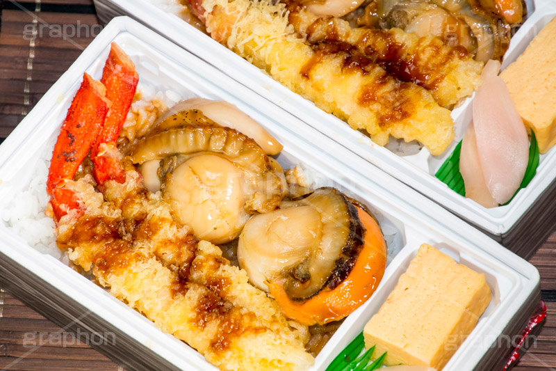ホタテとカニのお弁当,カニ,蟹,天ぷら,弁当,お弁当,ホタテ,ほたて,貝柱,貝,seafood,シーフード,魚介,紅生姜,玉子焼き,卵焼き