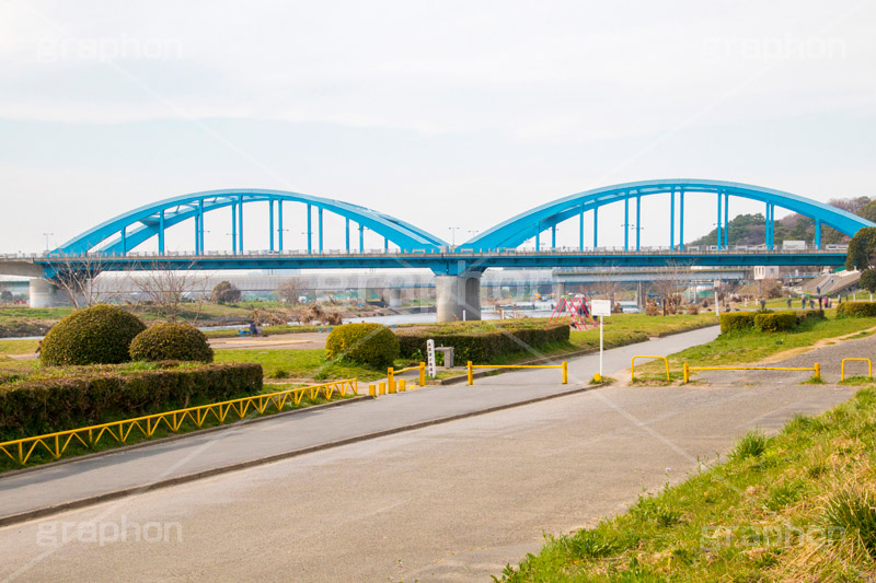 丸子橋,橋,八幡町,アーチ,水色,下流,橋梁,多摩川,川原,河川敷,一級河川,玉川,河川,タマちゃん