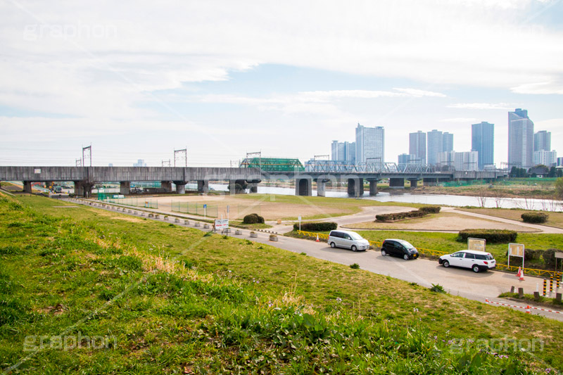 多摩川,川原,河川敷,一級河川,玉川,河川,鉄道,電車,線路
