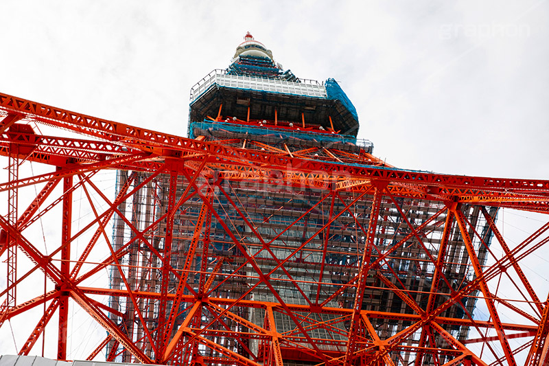 東京タワー真下,真下,見上げ,見上げる,鉄骨,鉄網,金網,真っ赤,とうきょうタワー,Tokyo Tower,港区,下から,迫力,圧巻,工事中,フルサイズ撮影,東京タワー