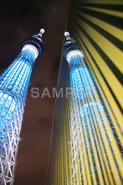 2本のスカイツリー,スカイツリー,東京スカイツリー,TOKYO SKYTREE,墨田区,押上,電波塔,634,634メートル,634m,塔,夜,ライトアップ,粋,ブルー,青,不思議,おもしろ写真,面白写真,2本,２本,映,tower,japan,タワー
