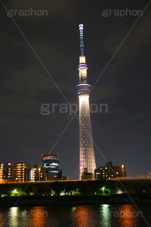 スカイツリー,東京スカイツリー,TOKYO SKYTREE,墨田区,押上,電波塔,634,634メートル,642m,塔,夜,ライトアップ,紫,雅,川沿い,隅田川,tower,japan,タワー