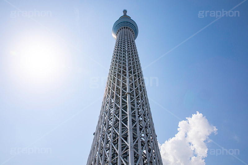 東京スカイツリー,真下からのスカイツリー,スカイツリー,墨田区,押上,電波塔,634,634メートル,634m,塔,電線,真下,見上げ,タワー,青空,tower,TOKYO SKYTREE,flare,逆光,フルサイズ撮影