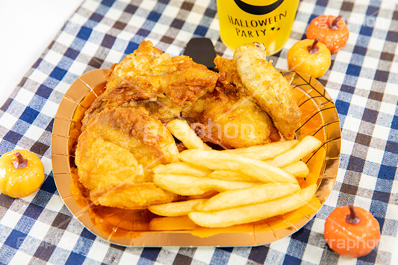 ハロウィンパーティ,チキン,フライドチキン,ポテト,フライドポテト,ハロウィン,はろうぃん,ハロウィーン,ジャックオランタン,ジャックオーランタン,イベント,秋,パンプキン,行事,カロリー,potato,pumpkin,Halloween,chicken,autumn,party,フルサイズ撮影
