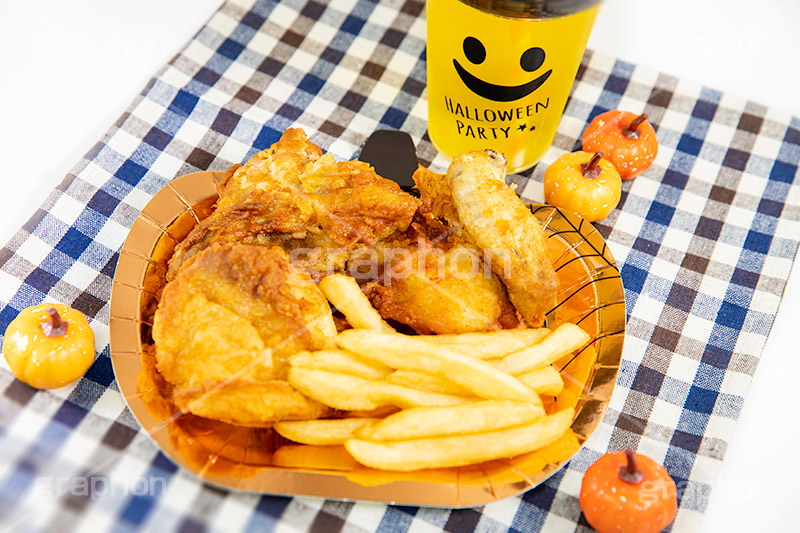 ハロウィンパーティ,チキン,フライドチキン,ポテト,フライドポテト,ハロウィン,はろうぃん,ハロウィーン,ジャックオランタン,ジャックオーランタン,イベント,秋,パンプキン,行事,カロリー,potato,pumpkin,Halloween,chicken,autumn,party,フルサイズ撮影