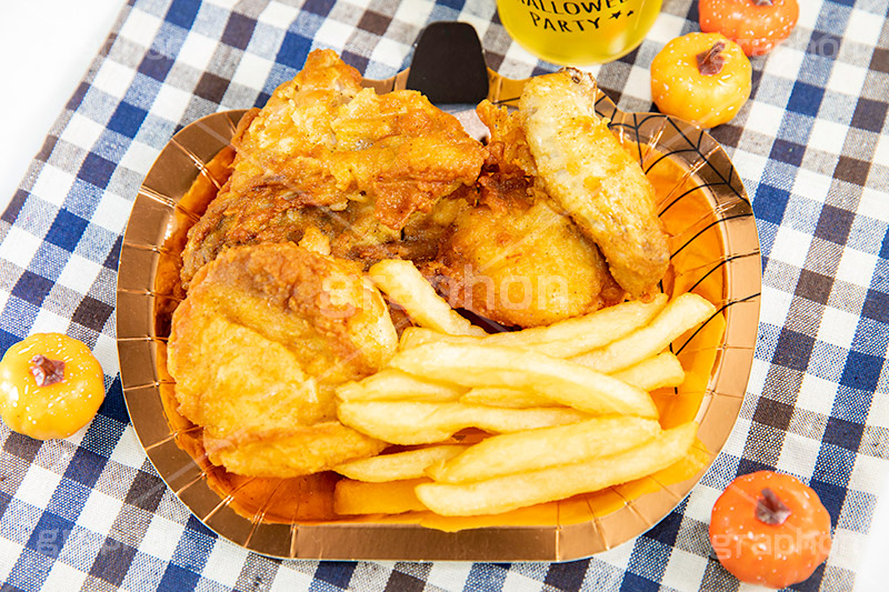 ハロウィンパーティ,チキン,フライドチキン,ポテト,フライドポテト,ハロウィン,はろうぃん,ハロウィーン,ジャックオランタン,ジャックオーランタン,イベント,秋,パンプキン,行事,カロリー,potato,pumpkin,Halloween,chicken,autumn,party,フルサイズ撮影