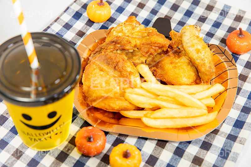 ハロウィンパーティ,チキン,フライドチキン,ポテト,フライドポテト,ハロウィン,はろうぃん,ハロウィーン,ジャックオランタン,ジャックオーランタン,イベント,秋,パンプキン,行事,カロリー,potato,pumpkin,Halloween,chicken,autumn,party,フルサイズ撮影