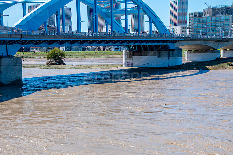 台風の傷跡,洪水,浸水,濁流,水位,危険,被災,氾濫,決壊,堤防,水害,ハザードマップ,台風,大雨,嵐,豪雨,天災,災害,避難,非常,傷,被害,事件,事故,丸子橋,橋,八幡町,アーチ,水色,橋梁,多摩川,川,川原,河川敷,一級河川,玉川,河川,神奈川,typhoon,disaster,japan,2019