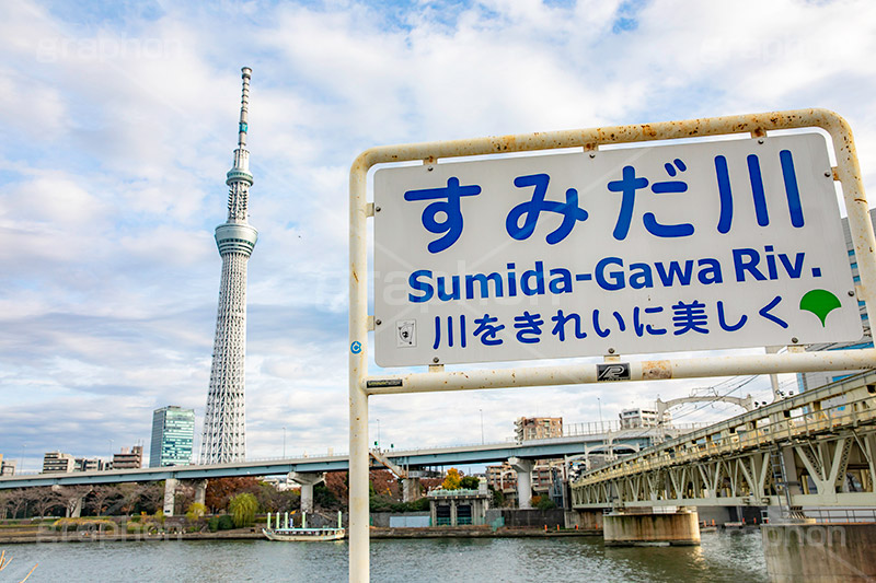 スカイツリー,東京スカイツリー,塔,隅田公園,隅田川,すみだ川,看板,台東区,川,浅草,タワー,橋梁, 線路, 架線,japan,skytree,asakusa,tower,フルサイズ撮影