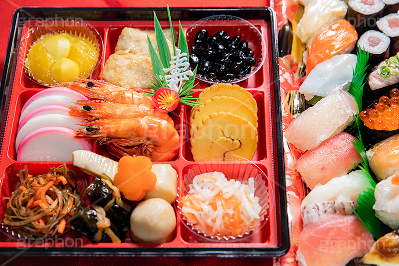おせち,おせち料理,すし,寿司,お寿司,年賀状,年明け,正月,お正月,祝い,お祝い,和風,和食,日本食,伝統,イベント,パーティー,行事,賀正,焼き豚,焼豚,チャーシュー,黒豆,くり,栗きんとん,栗,寿,伊達巻,昆布,海老,エビ,えび,煮,煮物,昆布巻き,昆布,こんぶ,かまぼこ,カマボコ,膾,なます,新年会,あけおめ,party,event,japan,フルサイズ撮影