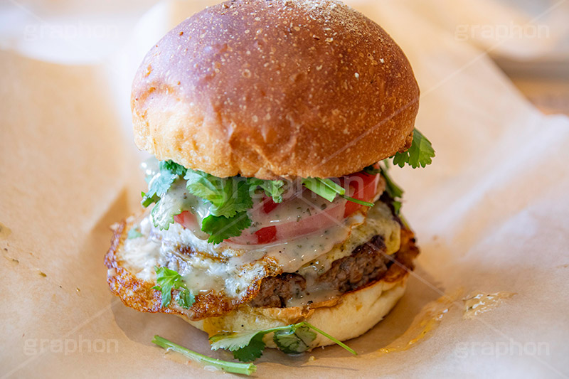 パクチーバーガー,ハンバーガー,バーガー,パクチー,コリアンダー,ファーストフード,ファストフード,サンド,パテ,洋食,ジャンク,ジャンキー,ビーフ,牛肉,パン,トマト,チーズ,ジャンクフード,フライドエッグ,たまご,卵,脂,ソース,sauce,beef,hamburger,cheese,tomato,フルサイズ撮影