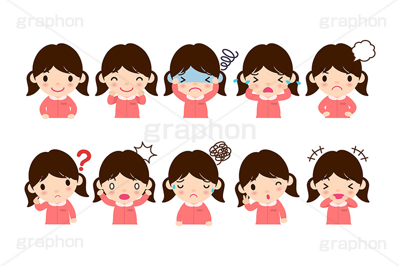 女の子セット,女の子,ガール,キッズ,子供,こども,喜怒哀楽,悩む,苦悩,泣く,涙,汗,怒る,疑問,質問,ビックリ,驚き,悩み,悩む,ピース,ポーズ,笑い,笑顔,表情,顔,リアクション,キッズ・セット,詰め合わせ,セット,かわいい,可愛い,人物,キャラクター,イラストセット,イラスト,illustration,character,cute,character,kids,girl