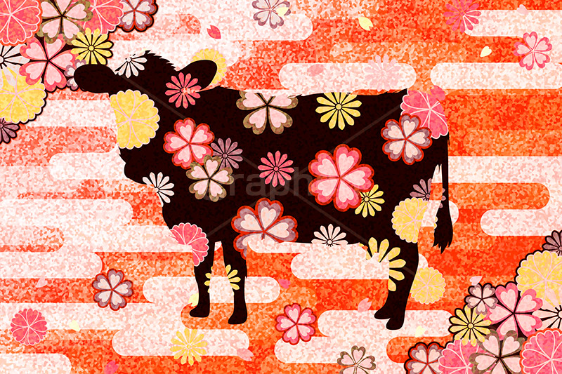 うし花柄イラスト,和柄,花柄,雲柄,松柄,波柄,牛イラスト,牛,ウシ,うし,丑,丑年,干支,キャラクター,キャラ,動物,正月,お正月,年賀状,新年,和風,筆,ニューイヤー,アニバーサリー,イラスト,illustration,japan,character,cow