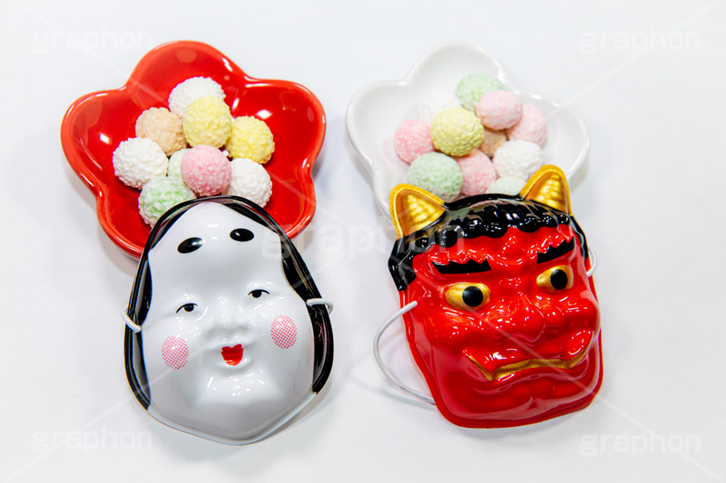 五色豆,五色,和菓子,豆,まめ,マメ,大豆,節分,お面,おめん,鬼,おかめ,福,外,内,季語,イベント,雑節,大寒,邪気除け,厄除け,和,和風,風習,行事,マス,枡,文化,event,japan,フルサイズ撮影