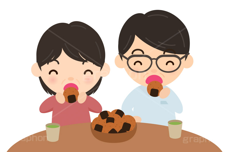煎餅を食べる夫婦,せんべい,煎餅,おやつ,菓子,お菓子,夫婦,男女,中年,お父さん,お母さん,おじさん,おばさん,食べる,食べる人,人物,キャラクター,イラスト,挿絵,挿し絵,illustration
