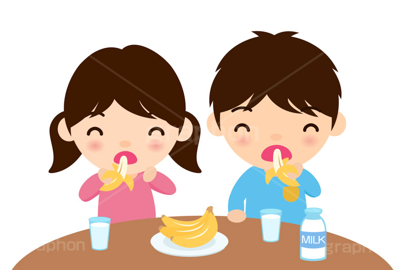 バナナを食べる子供,子供,キッズ,男の子,女の子,男女,バナナ,フルーツ,牛乳,ミルク,朝食,おやつ,菓子,お菓子,食べる,食べる人,人物,キャラクター,イラスト,挿絵,挿し絵,illustration,kids,banana,milk