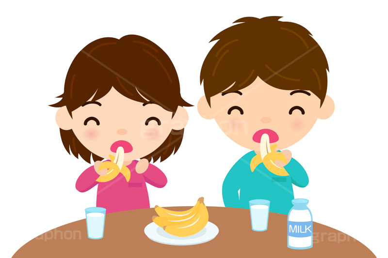 バナナを食べる子供,子供,キッズ,男の子,女の子,男女,バナナ,フルーツ,牛乳,ミルク,朝食,おやつ,菓子,お菓子,食べる,食べる人,人物,キャラクター,イラスト,挿絵,挿し絵,illustration,kids,banana,milk