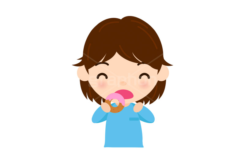 ドーナツを食べる女の子,子供,キッズ,女の子,スイーツ,ドーナツ,ドーナッツ,ジュース,おやつ,菓子,お菓子,食べる,食べる人,人物,キャラクター,イラスト,挿絵,挿し絵,illustration,kids,donut,juice