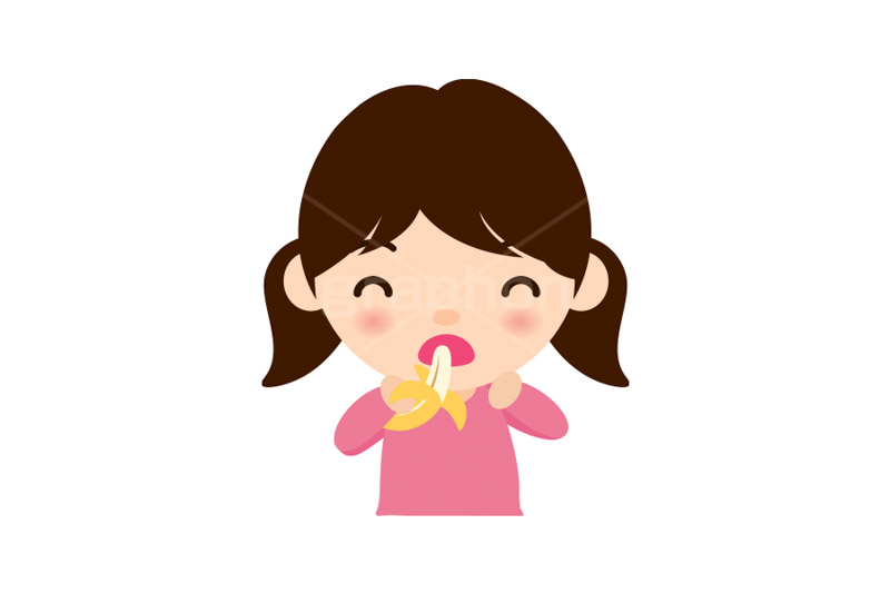 バナナを食べる女の子,子供,キッズ,女の子,バナナ,フルーツ,朝食,おやつ,菓子,お菓子,食べる,食べる人,人物,キャラクター,イラスト,挿絵,挿し絵,illustration,kids,banana,milk