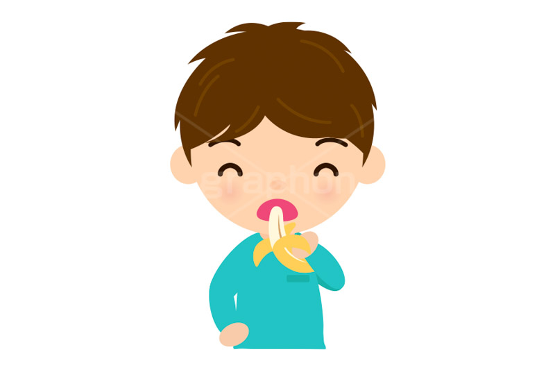 バナナを食べる男の子,子供,キッズ,男の子,バナナ,フルーツ,朝食,おやつ,菓子,お菓子,食べる,食べる人,人物,キャラクター,イラスト,挿絵,挿し絵,illustration,kids,banana,milk