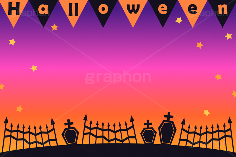 ハロウィンナイト,星空,墓,墓場,柵,フラッグ,ハロウィン,パーティ,文化,風習,行事,イラスト,背景,フレーム,枠,かわいい,カワイイ,可愛い,halloween,party,illustration,frame