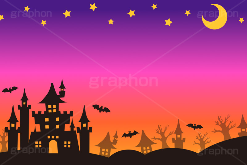 ハロウィンナイト,城,お城,キャッスル,夜空,星空,三日月,ハロウィン,コウモリ,こうもり,蝙蝠,文化,風習,行事,イラスト,背景,フレーム,枠,かわいい,カワイイ,可愛い,halloween,illustration,frame,castle