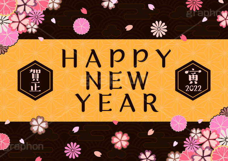 HAPPY NEW YEAR,賀正,干支,寅,虎,トラ,とら,寅年,ニューイヤー,ハッピーニューイヤー,新年,アニバーサリー,年賀,年賀状,お正月,正月,年明け,和柄,和,和風,文字,台詞,キーワード,ワード,タイトル,メッセージ,イベント,行事,風習,雲,花柄,花びら,派手,豪華,2022,event,word,keyword,title,message,anniversary,japan
