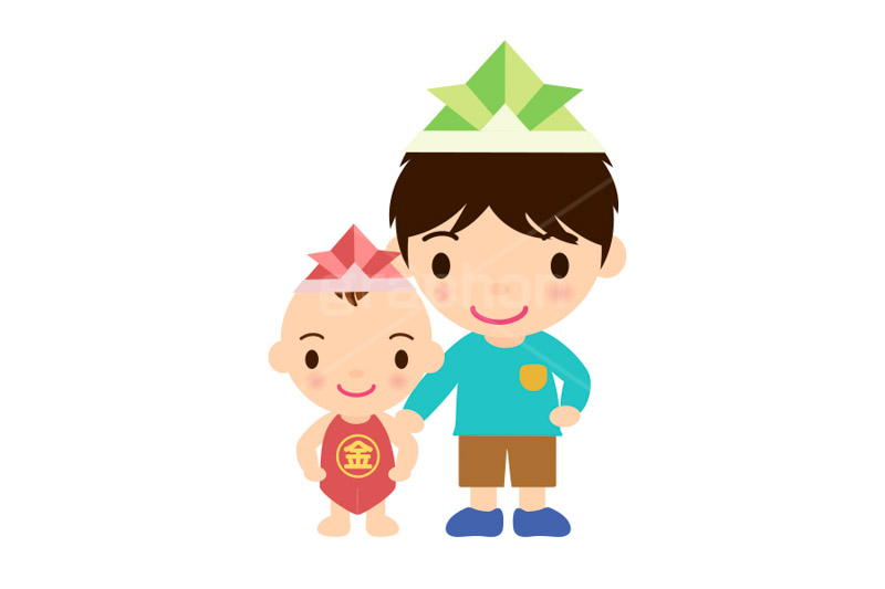 子供の日,こどもの日,こども,子供,5月5日,端午,節句,男の子,兄弟,家族,兄,弟,赤ちゃん,赤ん坊,お祝い,キッズ,ボーイ,ベビー,金太郎,折り紙,かぶと,兜,カブト,和,文化,風習,行事,人物,キャラクター,イラスト,character,japan,kids,boy,baby,illustration