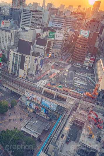 渋谷の夜明け,夜明け,朝日,朝焼け,朝,早朝,静か,ハチ公口,渋谷,しぶや,看板,広告,観光,交差点,渋谷駅,駅前,スクランブル,横断歩道,信号,工事,重機,再開発,japan,shibuya,sunrise,フルサイズ撮影