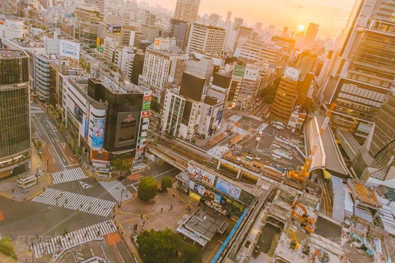 渋谷の夜明け,夜明け,朝日,朝焼け,朝,早朝,静か,渋谷スクランブル交差点,ハチ公口,渋谷,しぶや,看板,広告,観光,交差点,渋谷駅,駅前,スクランブル,横断歩道,信号,工事,重機,再開発,japan,shibuya,sunrise