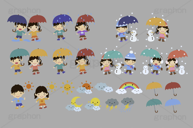 子供のお天気セット(ベクターデータ),天気,お天気,雨,雲,曇り,くもり,雷,雷雲,雷雨,豪雨,ゲリラ豪雨,太陽,日差し,陽射し,月,満月,三日月,傘,長靴,ニット帽,マフラー,耳当て,耳あて,水たまり,水溜り,雪,雪だるま,雪ダルマ,スノーマン,雨の日,雪の日,雨女,雨男,晴れ女,晴れ男,こども,子供,キッズ,女の子,男の子,男女,キッズ,ガール,ボーイ,家族,人物,キャラクター,可愛い,かわいい,カワイイ,イラスト,イラストセット,日常キャラクターズ,character,kids,girl,boy,illustration,snow,rain,rainbow,snowman,cloud,sun,moon,thunder