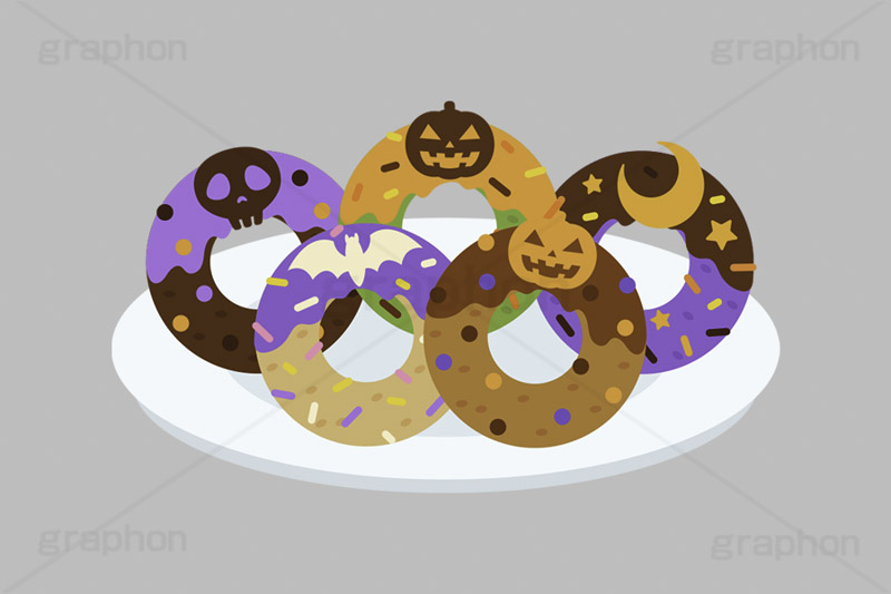 ハロウィンドーナツ,ハロウィンスイーツ,ハロウィン,ドーナツ,ドーナッツ,チョコドーナツ,スイーツ,お菓子,菓子,おやつ,チョコ,チョコレート,トッピング,デコレーション,焼き菓子,焼菓子,皿,挿絵,挿し絵,illustration,donut,halloween