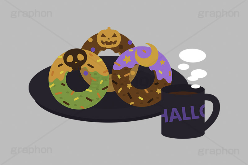 ハロウィンドーナツ,ハロウィンスイーツ,ハロウィン,ドーナツ,ドーナッツ,チョコドーナツ,スイーツ,お菓子,菓子,おやつ,チョコ,チョコレート,トッピング,デコレーション,焼き菓子,焼菓子,紅茶,ティー,ティーカップ,皿,挿絵,挿し絵,illustration,donut,halloween