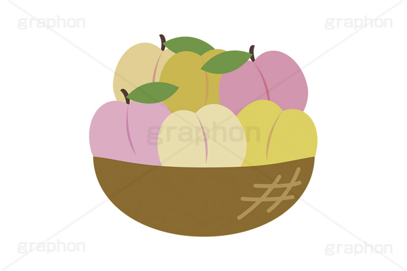 いろんな種類の桃,品種,種類,かごいっぱいの桃,もも,桃,モモ,白桃,黄桃,ピーチ,フルーツ,果実,果物,デザート,フルーツバスケット,かご,カゴ,籠,いっぱい,収穫,差し入れ,挿絵,挿し絵,fruit,autumn,peach