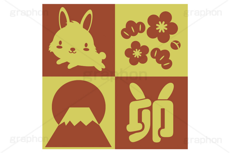 卯年,初日の出,富士山,梅の花,松,お正月,正月,年賀状,うさぎキャラクター,干支,うさぎ,ウサギ,卯,兎,兔,ラビット,イラスト,キャラクター,動物,小動物,ポップ,可愛い,かわいい,カワイイ,挿絵,挿し絵,newyear,illustration,POP,winter,rabbit,character,卯年年賀状