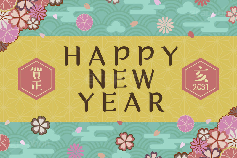 HAPPY NEW YEAR,賀正,干支,亥年,亥,2031,ニューイヤー,ハッピーニューイヤー,カウントダウン,新年,アニバーサリー,年賀,年賀状,お正月,正月,年明け,和柄,和,和風,文字,台詞,キーワード,ワード,タイトル,メッセージ,イベント,行事,風習,雲,花柄,花びら,派手,豪華,event,word,keyword,title,message,anniversary,japan