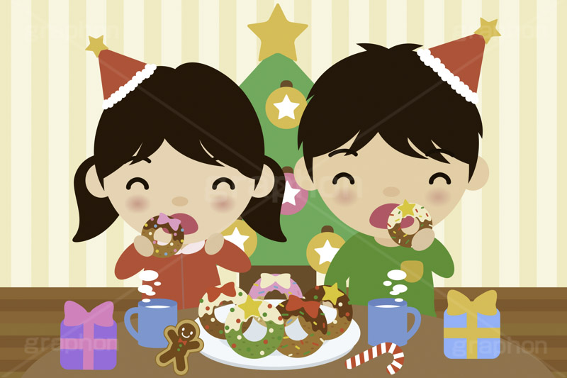 クリスマスパーティー,ドーナツを食べる子供,クリスマス,パーティー,子供,キッズ,男の子,女の子,男女,スイーツ,ドーナツ,ドーナッツ,おやつ,菓子,お菓子,食べる,食べる人,人物,キャラクター,イラスト,挿絵,挿し絵,冬,illustration,kids,donut,christmas