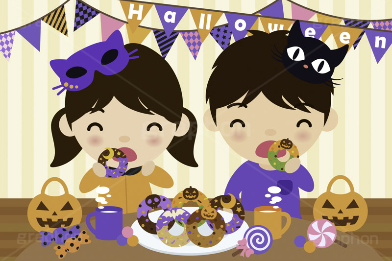 ハロウィンパーティー,ドーナツを食べる子供,ハロウィン,パーティー,子供,キッズ,男の子,女の子,男女,スイーツ,ドーナツ,ドーナッツ,おやつ,菓子,お菓子,食べる,食べる人,人物,キャラクター,イラスト,挿絵,挿し絵,illustration,kids,donut,halloween