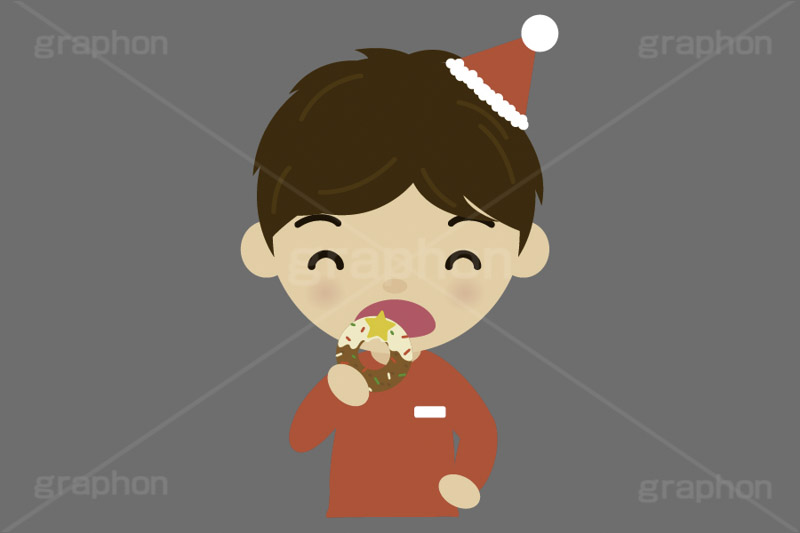 クリスマスパーティー,ドーナツを食べる男,クリスマス,パーティー,若者,スイーツ,ドーナツ,ドーナッツ,おやつ,菓子,お菓子,食べる,食べる人,人物,キャラクター,イラスト,挿絵,挿し絵,冬,illustration,kids,donut,christmas