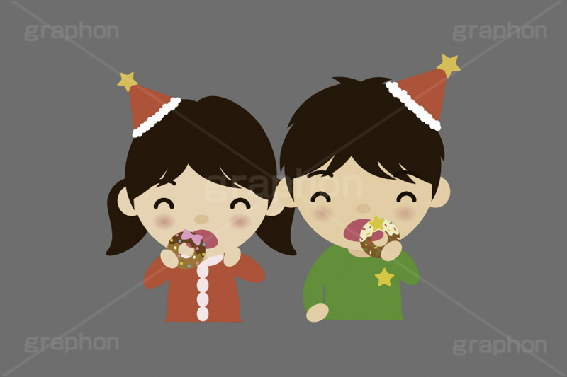 クリスマスパーティー,ドーナツを食べる子供,クリスマス,パーティー,子供,キッズ,男の子,女の子,男女,スイーツ,ドーナツ,ドーナッツ,おやつ,菓子,お菓子,食べる,食べる人,人物,キャラクター,イラスト,挿絵,挿し絵,冬,illustration,kids,donut,christmas