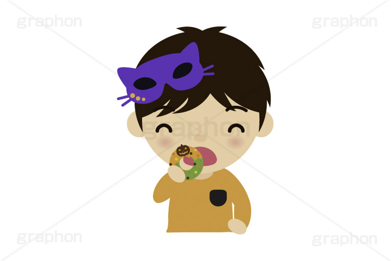 ハロウィンパーティー,ドーナツを食べる男の子,ドーナツを食べる子供,ハロウィン,パーティー,子供,キッズ,男の子,スイーツ,ドーナツ,ドーナッツ,おやつ,菓子,お菓子,食べる,食べる人,人物,キャラクター,イラスト,挿絵,挿し絵,illustration,kids,donut,halloween