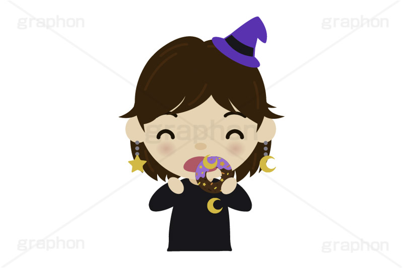 ハロウィンパーティー,ドーナツを食べる女,ハロウィン,パーティー,若者,スイーツ,ドーナツ,ドーナッツ,おやつ,菓子,お菓子,食べる,食べる人,人物,キャラクター,イラスト,挿絵,挿し絵,illustration,kids,donut,halloween