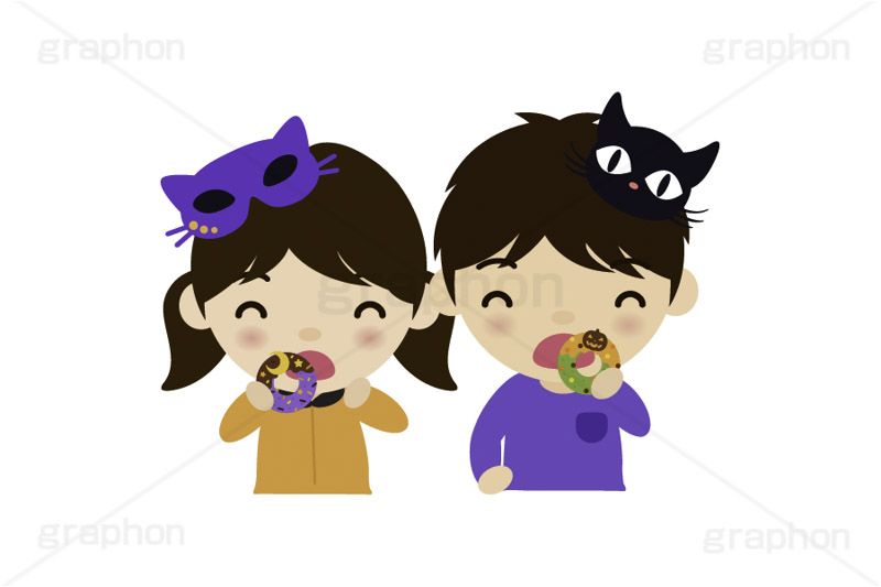 ハロウィンパーティー,ドーナツを食べる子供,ハロウィン,パーティー,子供,キッズ,男の子,女の子,男女,スイーツ,ドーナツ,ドーナッツ,おやつ,菓子,お菓子,食べる,食べる人,人物,キャラクター,イラスト,挿絵,挿し絵,illustration,kids,donut,halloween