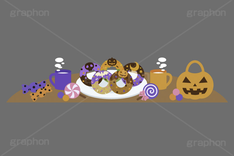 ハロウィンパーティー,ハロウィンドーナツ,ハロウィンスイーツ,ハロウィン,パーティー,ドーナツ,ドーナッツ,チョコドーナツ,スイーツ,お菓子,菓子,トリート,おやつ,チョコ,チョコレート,トッピング,デコレーション,焼き菓子,焼菓子,紅茶,ティー,ティーカップ,皿,挿絵,挿し絵,illustration,donut,halloween