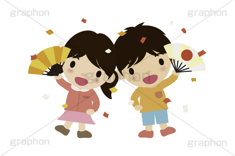 あっぱれ,扇子,めでたい,お祝い,祝い,祝,応援,舞,踊り,紙吹雪,お正月,正月,年賀状,イベント,ニューイヤー,冬,行事,イラスト,キャラクター,人物,ポップ,可愛い,かわいい,カワイイ,挿絵,挿し絵,newyear,illustration,POP,winter,japan