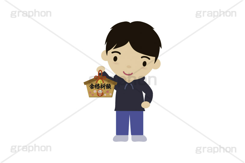 合格祈願,合格,受験,試験,絵馬,祈願,参拝,奉納,願掛け,願い,叶う,桜咲く,桜の花,神社,寺院,冬,行事,イラスト,キャラクター,人物,ポップ,可愛い,かわいい,カワイイ,挿絵,挿し絵,illustration,POP,winter,message,japan